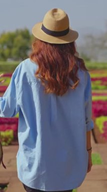 Dikey video. Gezgin, Madeira ve Funchal şehrinin çeşitli bitki örtüleriyle birlikte tarihi bir bahçeyi ziyaret ediyor. Botanik bahçesinde renkli çiçekler arasında yürüyen şapkalı ve sırt çantalı bir kadın..