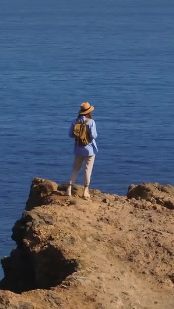 Dikey Video Bir Gezgin Bir Cennet Adasında Yürüyor Aktif Genç — Stok video