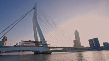 Rotterdam 'ı çekiyoruz. Gün batımında Rotterdam sokakları. Hollanda 'da Rotterdam silueti.