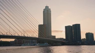 Rotterdam 'ı çekiyoruz. Gün batımında Rotterdam sokakları. Hollanda 'da Rotterdam silueti.