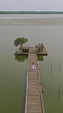 Beyaz elbiseli genç bir kadın göldeki ahşap iskelede yürüyor. İskelede tek bir ağaç var. Doğayla bütünlük kavramı. Hava görünümü.