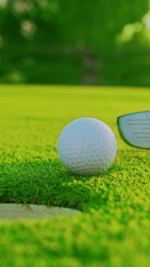 Çok yönlü bir video. Golf eldiveni giymiş bir erkek topu sahaya sürüyor. Golfçü golf sahasındaki golf sahasına golf topu koyuyor. Kapat..