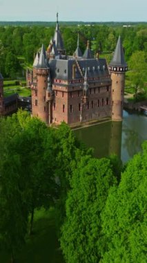 Dikey görünüm. Utrecht Hollanda 'nın havadan görünüşü, Kasteel de Haar Kalesi' nin tarihi bahçesi, Hollanda Kalesi Utrecht günbatımında..