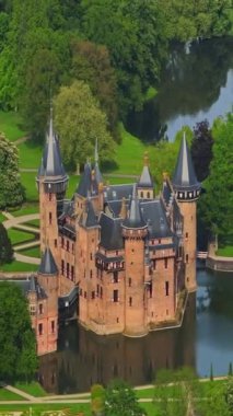 Dikey görünüm. Utrecht Hollanda 'nın havadan görünüşü, Kasteel de Haar Kalesi' nin tarihi bahçesi, Hollanda Kalesi Utrecht günbatımında..