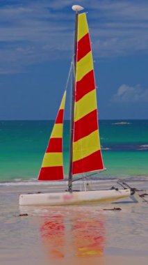 Dikey video. Yazın Amiets gök mavisi plajı ve Brittany, Cleder, Fransa 'da kayalar.