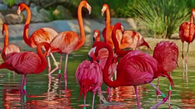 Parlak kırmızı bir Amerikan flamingosunu kapat. Bu yakın çekim videosu ayrıntılı bir görünümü gösterir. Pembe kuşlarla güzel pembe bir arka plan. Gölde muhteşem pembe flamingolar.
