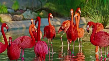 Parlak kırmızı renkli güzel flamingolar bir gölette yan yana duruyorlar..