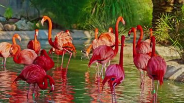 Parlak kırmızı bir Amerikan flamingosunu kapat. Bu yakın çekim videosu ayrıntılı bir görünümü gösterir. Pembe kuşlarla güzel pembe bir arka plan. Gölde muhteşem pembe flamingolar.
