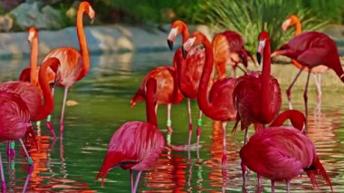 Parlak kırmızı bir Amerikan flamingosunu kapat. Bu yakın çekim videosu ayrıntılı bir görünümü gösterir. Pembe kuşlarla güzel pembe bir arka plan. Gölde muhteşem pembe flamingolar.