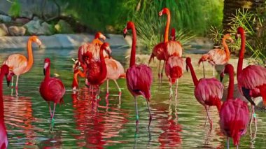 Parlak kırmızı renkli güzel flamingolar bir gölette yan yana duruyorlar..