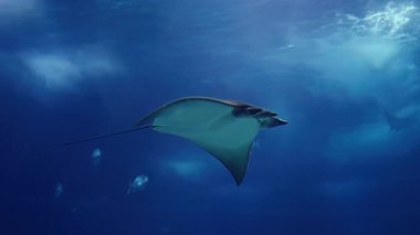 Oceanarium 'daki büyük akvaryumda vatozlar. Hayvanların yaşamını gözlemlemek..