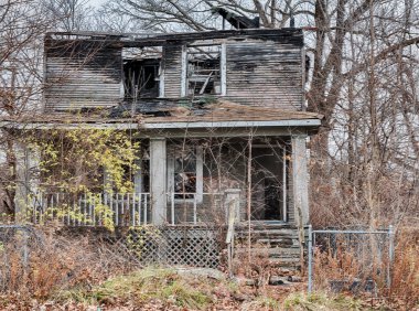 Urban blight slowly reclaims an abandoned house in the Highland Park section of Detroit.