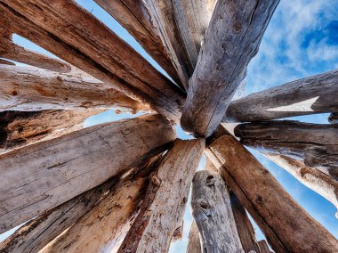 Mavi gökyüzü, sürüklenen odunlardan oluşan bir plaj sığınağının içine bakarak görülebilir..