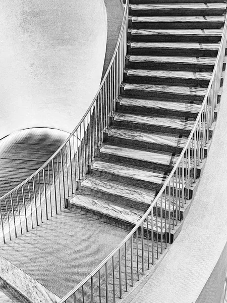 Лестница Отеле Поднимается Вверх Спирали Между Двумя Белыми Стенами — стоковое фото