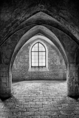 Çek Cumhuriyeti 'nin Kutna Hora kasabasındaki Corpus Christi Şapeli' nin mahzenlerini aydınlatmak için pencere ışığı içeri giriyor. Siyah ve beyaz..