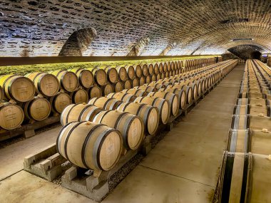 NUITS ST. GEORGE, FRANCE - 24 Ekim 2024: Fransa 'nın Nuits St. Georges kasabasındaki bir Burgundy şaraphanesinde yıllanmak üzere şarap fıçılarından biri dolduruldu.