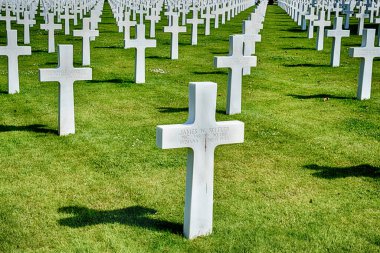 COLLEVILLE, FRANCE - 19 Haziran 2024: Beyaz haçlar, 2. Dünya Savaşı 'nda Fransa' nın işgali sırasında ölen Amerikan askerlerinin mezarlarını gösteriyor.