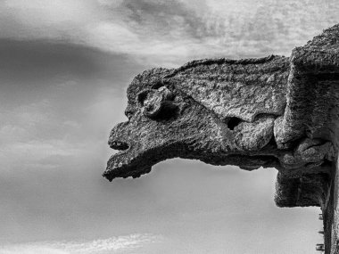 Canavarlardan biri Sevilla, İspanya 'daki Aziz Mary Katedrali' nin ön cephesinde kanatlı bir ejderha şekline bürünür. Siyah ve beyaz..