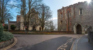 St Albans, UK - February 25, 2023: View on St Albans Cathedral and The Great Gateway of the Monastery