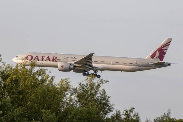 London, UK - May 29, 2023: Boeing 777  Qatar airlines approaching to London Heathrow Airport