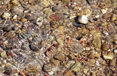 Temiz, sığ göl sularının altındaki kaya ve taşlara yaklaşın. Güneş ışığı dalgalanan yüzeyi yansıtıyor. Farklı boyutlarda taş ve çakıl taşları şekil ve dokular..