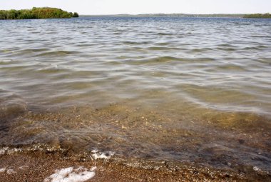Güzel göl sularına yakın. Yüzeydeki yumuşak dalgalar kıyı şeridine doğru ilerliyor. 