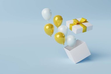 Pastel mavi arka planda giden balonlarla birlikte hediye açıldı. Hediye yapma, hediye alma, alışveriş yapma kavramı. - Sürpriz. 3B görüntüleme, 3B illüstrasyon.