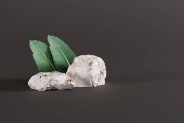 Sarı arka planda granit taşlar, yaprak gölgesi ve yeşil bitkiler. Soyut arkaplan kavramı, ürün ve ürün imajı için arka plan. 3B görüntüleme, 3B illüstrasyon.