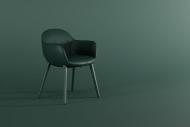Koyu yeşil pastel arka planda klasik tarz sandalye. Minimalist konsept, modern iç tasarım. 3B görüntüleme, 3B illüstrasyon.