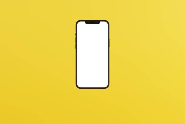 Boş ekranlı bir telefon. Cep telefonu içeriği doldurma konsepti. Sarı arka planda akıllı telefon. 3B görüntüleme, 3B illüstrasyon.