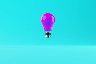 Mavi arka planda mor bir ampul. Fikirlerin oluşumu, yaratıcılık, problem çözme kavramı. Fikir ve yaratıcılık. 3d hazırlayıcı