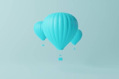 Mavi arka planda mavi hava balonları. Hava balonu uçuşu konsepti, cazibe. Gökyüzüne uzanıyor. 3d görüntüleme, 3d illüstrasyon.