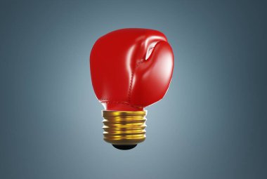 Koyu mavi arka planda ampul ucu olan bir boks eldiveni. İş konsepti, kariyer basamaklarını tırmanmak, terfi için savaşmak. 3B görüntüleme; 3B resimleme.