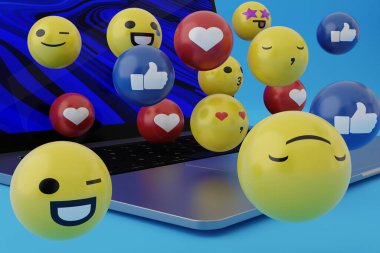 Bilgisayardan çıkan duygu simgeleri, dizüstü bilgisayarlar. İnternet kullanıcıları arasında duygu simgeleri kullanan sosyal medya kavramı. Emoji kullanımda. Çeşitli yüz ifadeleri ve yüz ifadeleri. Uluslararası emoji günü. 3B görüntüleme, 3B illüstrasyon.