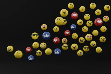 Sarı yüzler, kalp ve emoji gibi. İnternet kullanıcıları arasında duygu simgeleri kullanan sosyal medya kavramı. Emoji kullanımda. Çeşitli yüz ifadeleri ve yüz ifadeleri. Uluslararası emoji günü. 3B görüntüleme, 3B illüstrasyon.