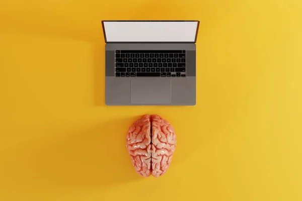 Gehirn Vor Dem Computer Auf Gelbem Hintergrund Konzept Der Verbindung — Stockfoto