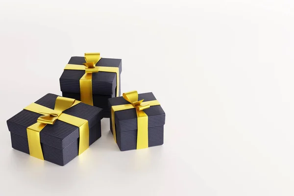 Donkere Geschenkdozen Een Lichte Achtergrond Met Gouden Linten Concept Van — Stockfoto