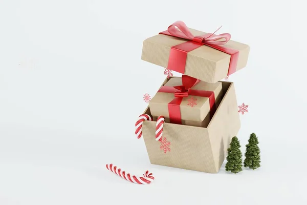 Hafif Arka Planda Bir Hediye Kutusu Küçük Bir Noel Ağacı — Stok fotoğraf