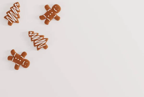 薄薄的背景上的姜饼饼干 姜饼烘焙的概念 圣诞假期 3D渲染 3D插图 — 图库照片