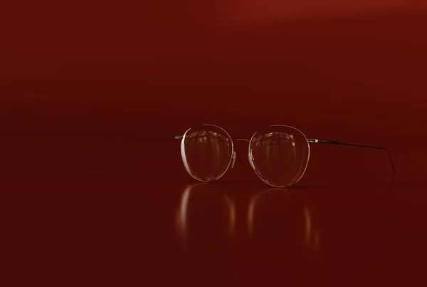 红色背景上有圆形金属框架的玻璃杯 戴眼镜的概念 视力问题 视力缺陷 3D渲染 3D插图 — 图库照片