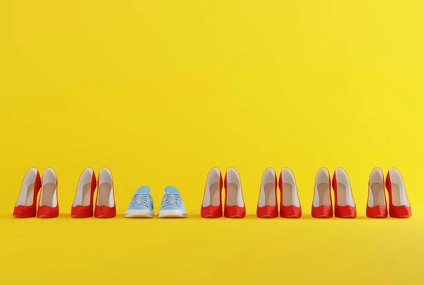 High Heels Auf Gelbem Grund Und Turnschuhe Das Konzept Bequeme — Stockfoto