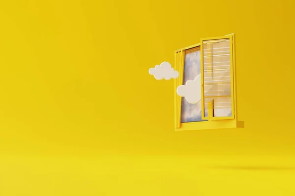 Uma Janela Isolada Fundo Amarelo Com Nuvens Saída Céu Como — Fotografia de Stock