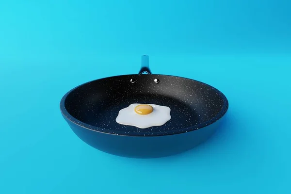 Желтая Сковородка Яичницей Синем Фоне Концепция Приготовления Блюда Яйцом Жарки — стоковое фото