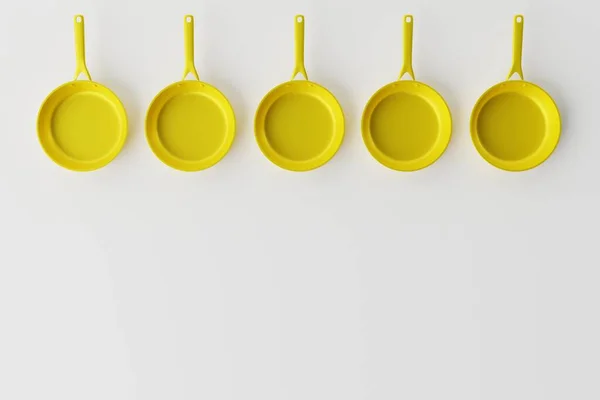 Жовті Сковороди Білому Тлі Концепція Смаження Приготування Їжі Візуалізація — стокове фото