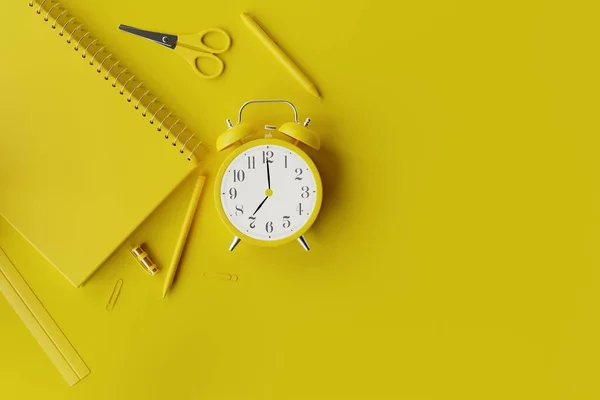 学校用品 ノートブック 目覚まし時計の表示 学校に戻るための概念 学生は学ぶ 黄色の背景に黄色の学校アイテム 3Dレンダリング 3Dイラスト — ストック写真