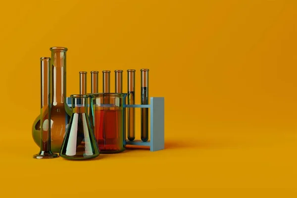 Laboratory glassware on a orange background. Concept of chemistry, chemical glass. Biological and chemical science and education. 3d render.