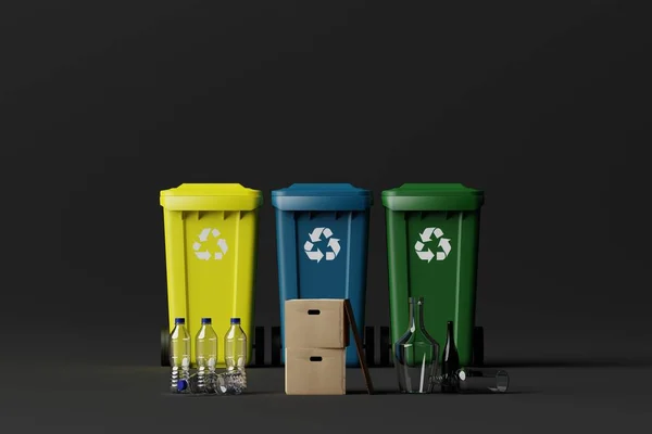 Pojemniki Odpady Przeznaczone Segregacji Kosz Śmieci Różnych Kolorach Sortowania Papieru — Zdjęcie stockowe