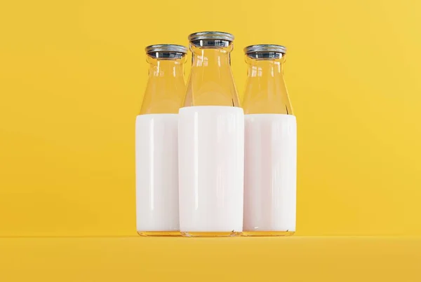 Retro bottles with milk on a yellow background. The concept of drinking milk, healthy eating. 3D render, 3D illustration.