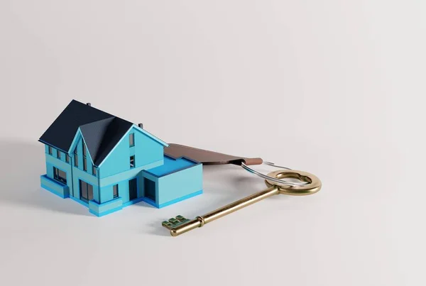 家里的钥匙在房子的背景和光线的背景上 买一套公寓的概念 就是买第一套公寓 3D渲染 3D插图 — 图库照片