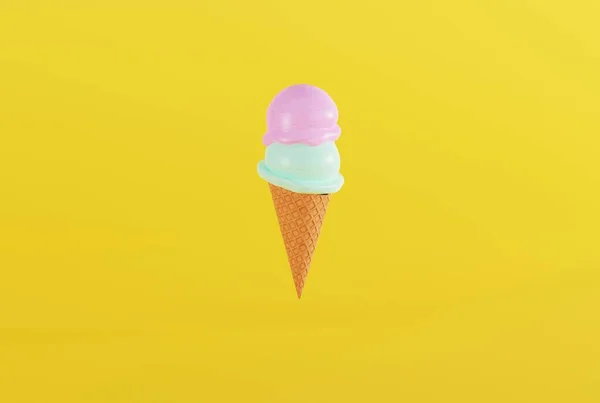 Ice Cream Waffle Ice Scoops Yellow Background Concept Eating Ice — Stock Photo, Image